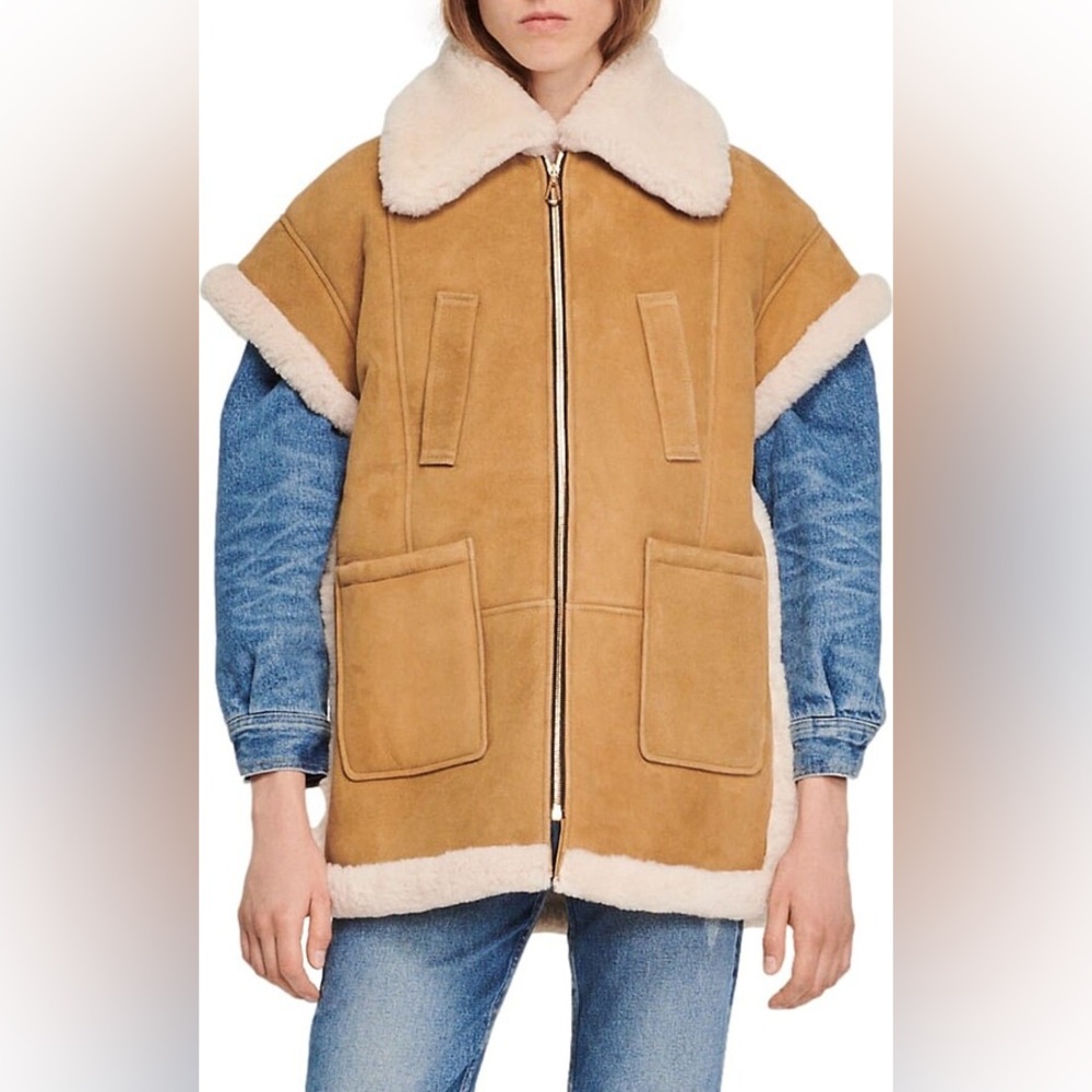 Sandro Wood Suede & 100% Shearling Vest Coat